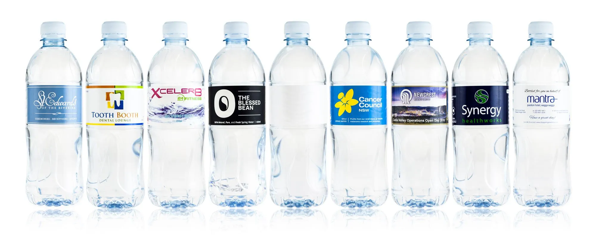 Bottled water with a row of different custom labels, each carrying a different company’s brand