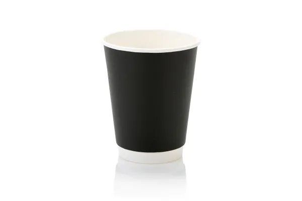 Black double-wall disposable coffee cup with a white rim