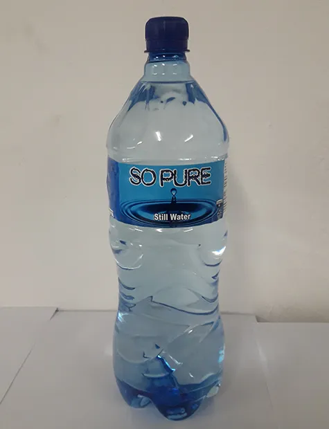 1.5 litre So Pure still water bottle with a blue cap and So Pure label