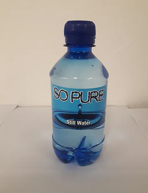 330ml So Pure water bottle with a blue cap and label