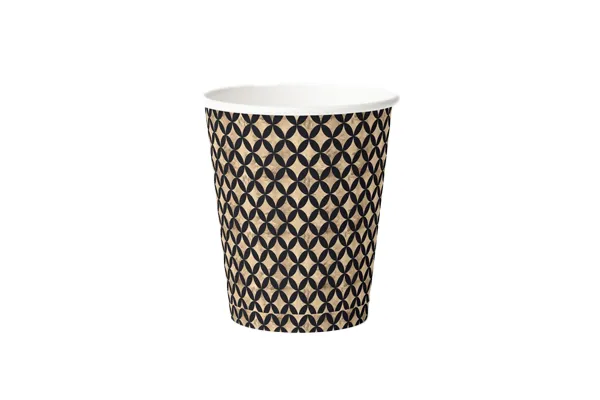 Ripple-wall coffee cup with a black and kraft-brown geometric pattern and white rim